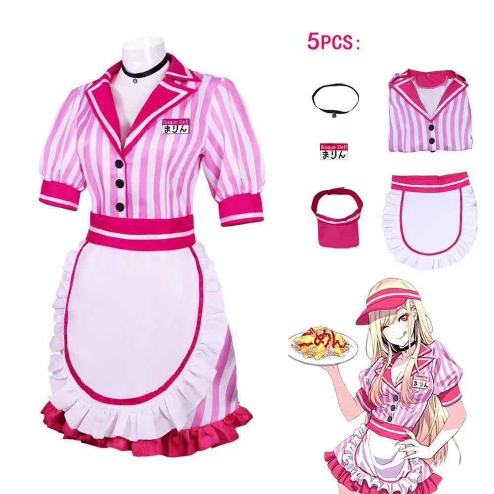 Kitagawa Anime Cosplay - 私のドレスアップダーリン北川マリンコスプレ衣装ピンストライプメイドダイナーユニフォーム帽子エプロン付き女性用コミコンハロウィン